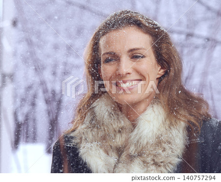 Woman, snow and happy outdoor with winter fashion for cold weather and climate in a park in Iceland. Travel, smile and female person on a holiday freezing in nature with frost and ice on vacation Woman, snow and happy outdoor with winter fashion for cold weather and climate in a park in Iceland. Travel, smile and female person on a holiday freezing in nature with frost and ice on vacation 140757294