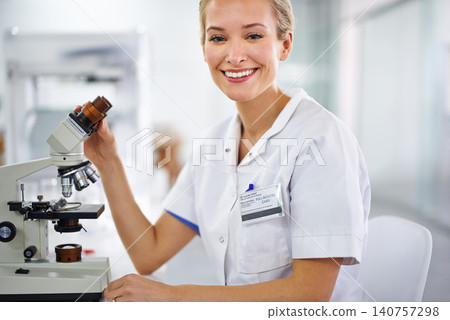 Smile, microscope or portrait of scientist or woman in laboratory for research, medical analysis or test. Proud, investigation or happy science expert with solution for future development or results 140757298