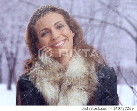 Woman, snow and portrait with fur and winter fashion for cold weather and climate in a park in Iceland. Travel, smile and happy female person on holiday freezing in nature with frost and ice outdoor Woman, snow and portrait with fur and winter fashion for cold weather and climate in a park in Iceland. Travel, smile and happy female person on holiday freezing in nature with frost and ice outdoor 140757299
