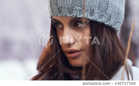 Thinking, winter and face of woman outdoor for snowing season or weather on vacation. Travel, fashion and female person with beanie in nature with cold climate on style, adventure or weekend trip. Thinking, winter and face of woman outdoor for snowing season or weather on vacation. Travel, fashion and female person with beanie in nature with cold climate on style, adventure or weekend trip. 140757304
