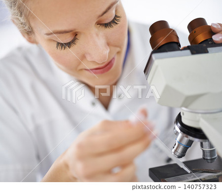 Woman, microscope and drop with test for laboratory research, scientific exam or discovery at clinic. Face of female person or medical expert with smile and scope for science breakthrough or biology Woman, microscope and drop with test for laboratory research, scientific exam or discovery at clinic. Face of female person or medical expert with smile and scope for science breakthrough or biology 140757323