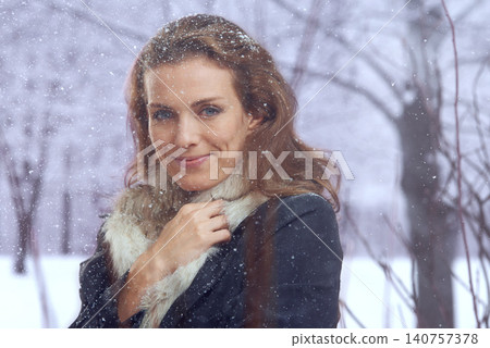 Woman, snow and portrait with winter fashion for cold weather and climate in a park in Iceland. Travel, smile and happy female person on a holiday freezing in nature with frost and ice outdoor Woman, snow and portrait with winter fashion for cold weather and climate in a park in Iceland. Travel, smile and happy female person on a holiday freezing in nature with frost and ice outdoor 140757378