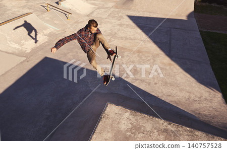 Skateboard, jump or man with ramp, challenge or training for a competition, hobby or sunshine. Adventure, person or skater with practice for technique, talent or skill with exercise, energy or cardio Skateboard, jump or man with ramp, challenge or training for a competition, hobby or sunshine. Adventure, person or skater with practice for technique, talent or skill with exercise, energy or cardio 140757528
