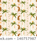 Tropical leopard, palm tree and sun with striped vertical border seamless pattern. Summer vacation concept print design. Home interior for textiles, wallpaper, wrapping paper, pastel color backgrounds 140757987