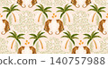 Seamless tropical leopard pattern with palm trees and exotic jungle foliage. Leopard skin print background warm pastel tones design. Home interior for textiles, wallpaper, wrapping paper, backgrounds 140757988