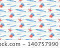 Nautical style seamless pattern with blue fish, scallop shells and red starfish. Summer coastal beach concept nautical design for textiles, wallpaper, wrapping paper, backgrounds and stationery, 140757990