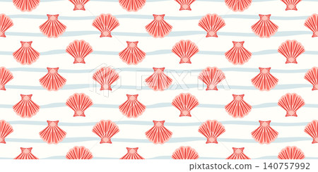 Pink scallop seashells seamless pattern with pale blue color waves. Summer beach concept nautical design for textiles, wallpaper, wrapping paper, backgrounds and stationery, seaside decor Pink scallop seashells seamless pattern with pale blue color waves. Summer beach concept nautical design for textiles, wallpaper, wrapping paper, backgrounds and stationery, seaside decor 140757992