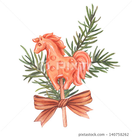 Amber-orange lollipop in the shape of horse on wooden stick. The candy is decored spruce branches and tied satin bow. Watercolor illustration is isolated on white background. Ideal for holiday decor. 140758262