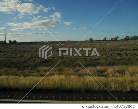 A scene from the car window, with grassy fields stretching along the road and trees continuing in the distance—a tranquil expanse added to the journey. 140758808
