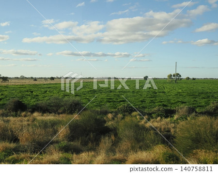 A view from the train window of greenery stretching beyond a grassy field—a journey depicted by a dry foreground and a lush middle ground. 140758811