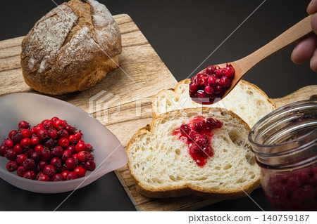 Enjoy our homemade Juneberry jam, with its perfectly balanced refreshing tartness and sweetness, with bread. 140759187