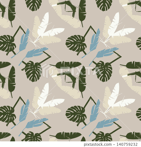 Modern vector seamless pattern featuring abstract tropical palm and monstera leaves with subtle geometric frames on a neutral beige background. Modern vector seamless pattern featuring abstract tropical palm and monstera leaves with subtle geometric frames on a neutral beige background. 140759232