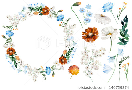 Watercolor oval frame and elements clipart with blue, ivory and orange flowers for event stationery 140759274
