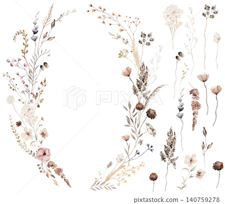 Floral wreath made with watercolor brown wildflowers and leaves, autumn wedding illustration Floral wreath made with watercolor brown wildflowers and leaves, autumn wedding illustration 140759278