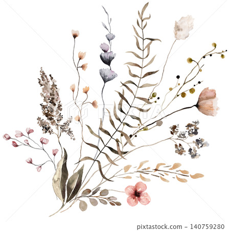 Floral bouquet made with watercolor brown wildflowers and leaves, autumn wedding illustration Floral bouquet made with watercolor brown wildflowers and leaves, autumn wedding illustration 140759280