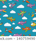 Cute kids vector seamless pattern featuring colorful toy aircraft, airplanes, and helicopters flying in a cloudy sky. Perfect for nursery textile. 140759490