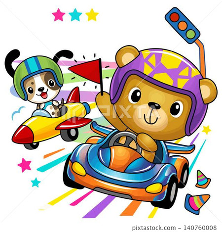 Cute cartoon bear driving a race car and a happy dog flying a yellow airplane with stars and cones. Cute cartoon bear driving a race car and a happy dog flying a yellow airplane with stars and cones. 140760008