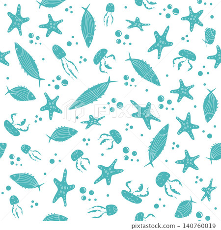 Seamless ocean pattern with fish, starfishes, and jellyfish on white background Seamless ocean pattern with fish, starfishes, and jellyfish on white background 140760019