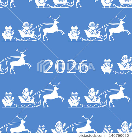 Christmas pattern with Santas sleigh and reindeer on blue background, 2026 holiday theme Christmas pattern with Santas sleigh and reindeer on blue background, 2026 holiday theme 140760020