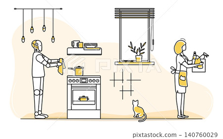 Robot and woman cleaning kitchen with cat observing, illustrating future technology concept 140760029