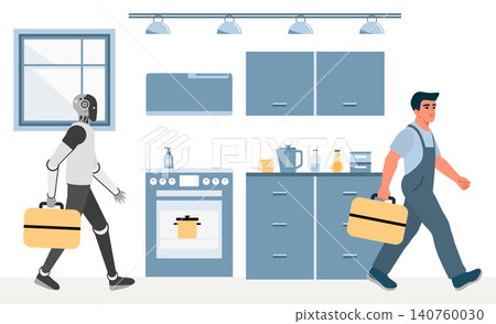 Robot and human in modern kitchen holding toolboxes, representing technology and collaboration 140760030