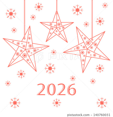 Christmas stars illustration with hanging stars and snowflakes, featuring year 2026 in red text Christmas stars illustration with hanging stars and snowflakes, featuring year 2026 in red text 140760031