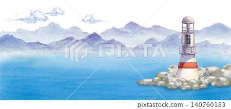 Horizontal composition with a lighthouse on a rocky island. Watercolor illustration on an isolated background. For website headers, travel banners, and coastal home decor prints. Horizontal composition with a lighthouse on a rocky island. Watercolor illustration on an isolated background. For website headers, travel banners, and coastal home decor prints. 140760183