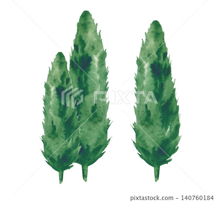 Hand-drawn watercolor green cypress trees set isolated on white background. For Italian or Greek travel guides, wedding invitations, landscape design branding, and summer holiday patterns. Hand-drawn watercolor green cypress trees set isolated on white background. For Italian or Greek travel guides, wedding invitations, landscape design branding, and summer holiday patterns. 140760184