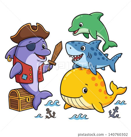 Cute cartoon pirate dolphin on a treasure chest holding a sword with a shark, a whale and a dolphin. Cute cartoon pirate dolphin on a treasure chest holding a sword with a shark, a whale and a dolphin. 140760302