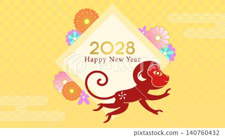Cny 2028 background with jumping zodiac monkey on flowers pattern Cny 2028 background with jumping zodiac monkey on flowers pattern 140760432