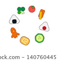 Illustrations of rice balls and side dishes for a bento box (with outlines) 140760445