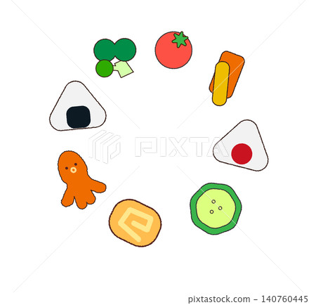 Illustrations of rice balls and side dishes for a bento box (with outlines) Illustrations of rice balls and side dishes for a bento box (with outlines) 140760445