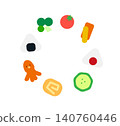 Illustrations of rice balls and side dishes for a bento box 140760446
