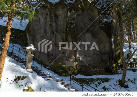 Snow-covered Risshaku-ji Temple (Yamadera) and Mida Cave in Yamagata City, Yamagata Prefecture during winter. Snow-covered Risshaku-ji Temple (Yamadera) and Mida Cave in Yamagata City, Yamagata Prefecture during winter. 140760565