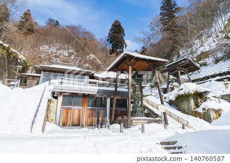 Snow-covered Risshaku-ji Temple (Yamadera) and its inner sanctuary in Yamagata City, Yamagata Prefecture, in winter. 140760587