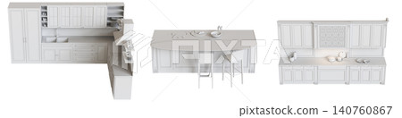 modern kitchen isolated on transparent background, home furniture, 3D illustration, cg render 140760867