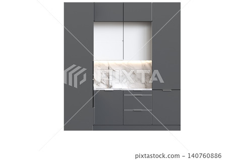 modern kitchen isolated on transparent background, home furniture, 3D illustration, cg render 140760886