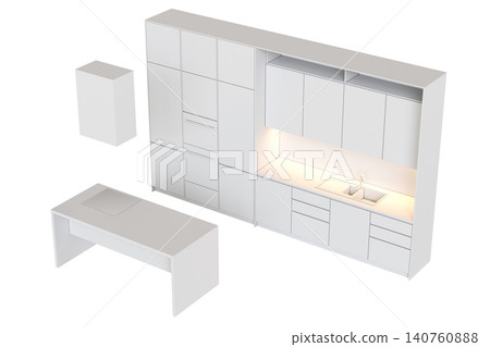 modern kitchen isolated on transparent background, home furniture, 3D illustration, cg render 140760888
