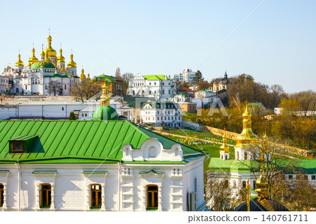 Cathedral 11th century church. Domes of Kyiv Pechersk Lavra Monastery Architecture. Built in 1073 year in Ukraine Cathedral 11th century church. Domes of Kyiv Pechersk Lavra Monastery Architecture. Built in 1073 year in Ukraine 140761711