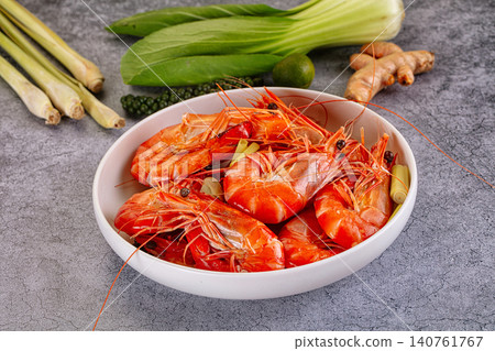 Boiled shrimp with lemongrass and herbs in white bowl Boiled shrimp with lemongrass and herbs in white bowl 140761767
