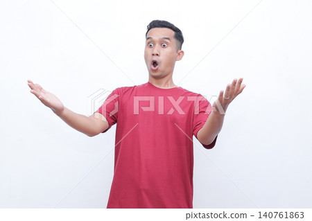 Man wears red tee, shocked expression. Hands raised, mouth open wide. Pure astonishment, dramatic surprise. Studio shot, clean white background. Perfect for reaction, shock, or disbelief scenes Man wears red tee, shocked expression. Hands raised, mouth open wide. Pure astonishment, dramatic surprise. Studio shot, clean white background. Perfect for reaction, shock, or disbelief scenes 140761863