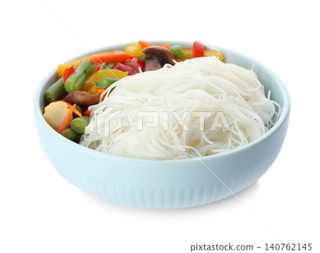 Tasty cooked rice noodles with vegetables isolated on white Tasty cooked rice noodles with vegetables isolated on white 140762145
