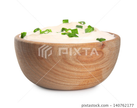 Fresh sour cream with onion on white background Fresh sour cream with onion on white background 140762177