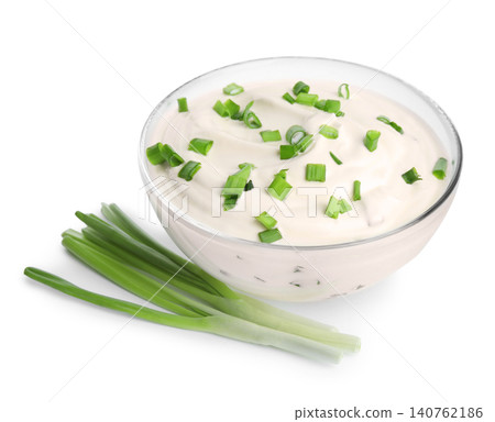 Fresh sour cream with onion on white background 140762186