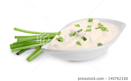 Fresh sour cream with onion on white background Fresh sour cream with onion on white background 140762188