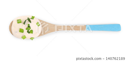 Fresh sour cream with onion on white background, top view Fresh sour cream with onion on white background, top view 140762189