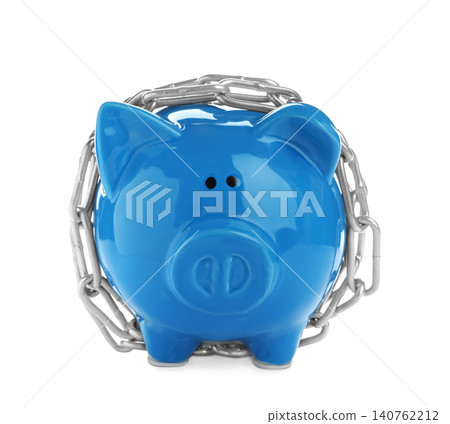 Piggy bank with steel chain isolated on white. Money safety concept Piggy bank with steel chain isolated on white. Money safety concept 140762212