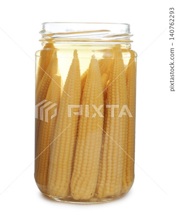 Glass jar with pickled baby corn isolated on white Glass jar with pickled baby corn isolated on white 140762293