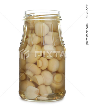 Glass jar with pickled mushrooms isolated on white Glass jar with pickled mushrooms isolated on white 140762295