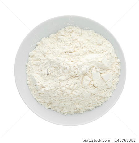 Organic flour in bowl isolated on white, top view 140762392
